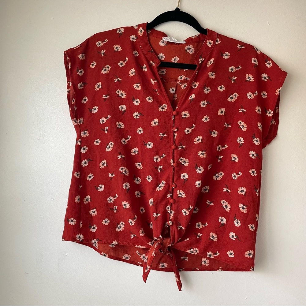Orange Floral Button Blouse w/ Tie